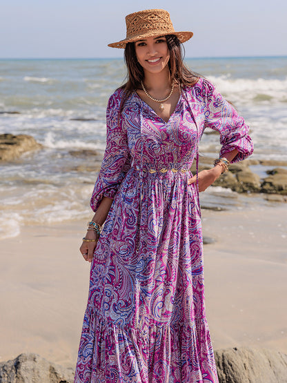 Spirit and Rebel Printed Tie Neck Balloon Sleeve Maxi Dress [Spirit and Rebel]   