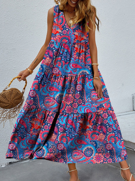 Tiered Printed V-Neck Sleeveless Boho Maxi Dress [Spirit and Rebel] Multicolor S 