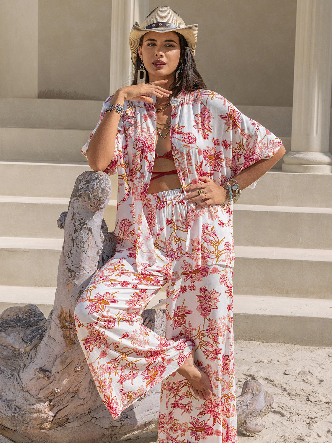 Printed Open Front Half Sleeve Boho Top and Boho Pants Set - Spirit and Rebel [Spirit and Rebel]   