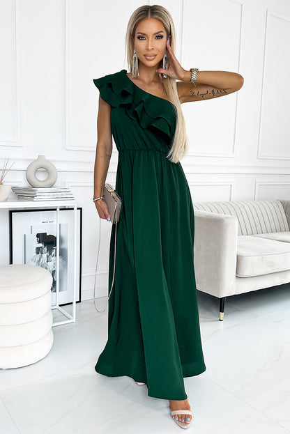 One-Shoulder Ruffled Boho Maxi Dress [Spirit and Rebel] Green S 