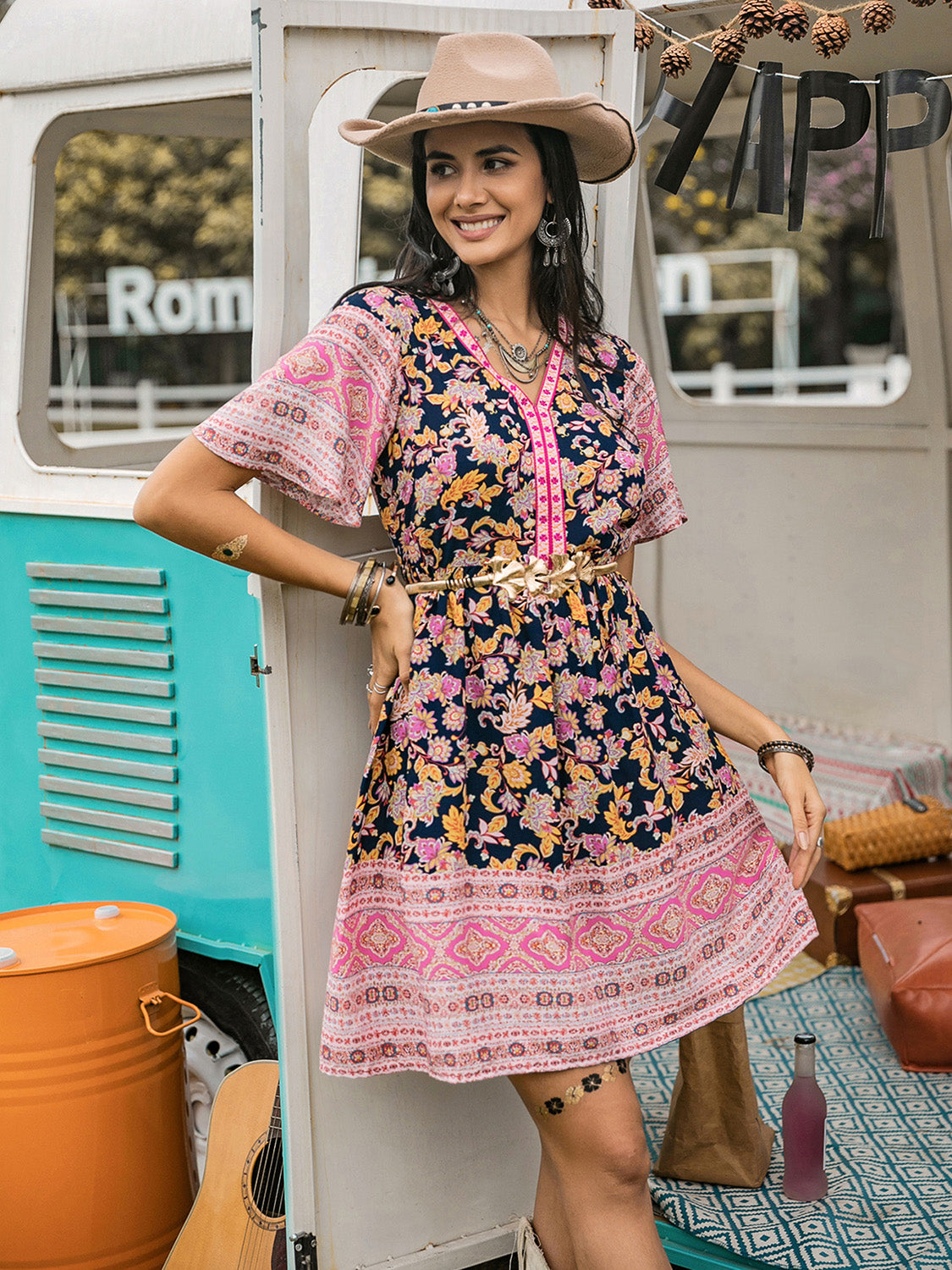 Printed V-Neck Short Sleeve Boho Dress - Spirit and Rebel [Spirit and Rebel]   