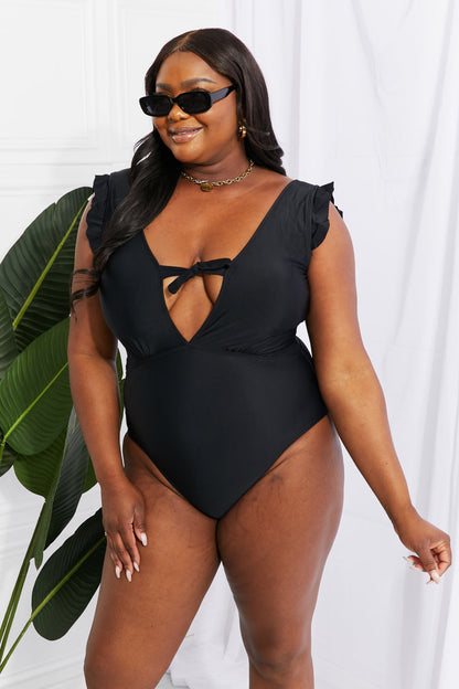 Marina West Swim Seashell Ruffle Sleeve One-Piece in Black Sunset and Swim