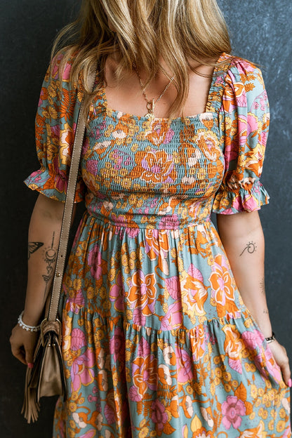 Smocked Printed Short Sleeve Dress [Spirit and Rebel]   