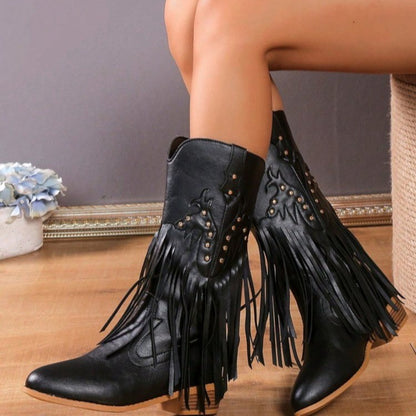 Studded Fringe PU Leather Boho Boots - Spirit and Rebel [Spirit and Rebel] Black 36(US5) 