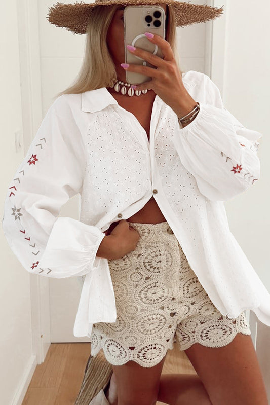 Spirit and Rebel Embroidered Eyelet Collared Neck Long Sleeve Boho Chic Shirt [Spirit and Rebel]   