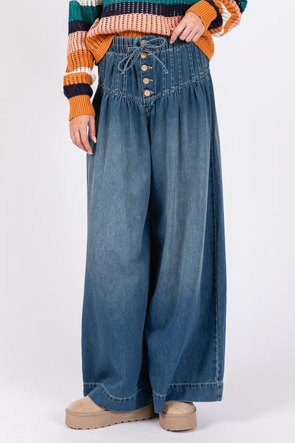 Spirit and Rebel SAGE+FIG Smocked Waist Band Wide Leg Boho Jeans [Spirit and Rebel]   