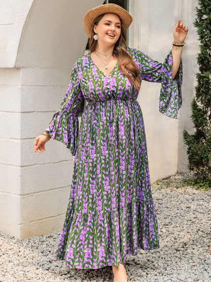 Plus Size Printed V-Neck Long Sleeve Maxi Dress - Spirit and Rebel [Spirit and Rebel]   