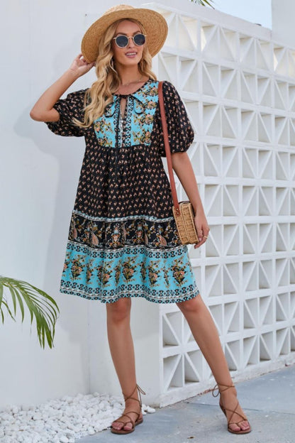 Printed Tie Neck Half Sleeve Boho Dress - Spirit and Rebel [Spirit and Rebel]   