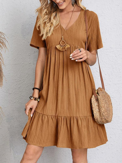 Plus Size V-Neck Short Sleeve Boho Dress - Spirit and Rebel [Spirit and Rebel] Camel S 