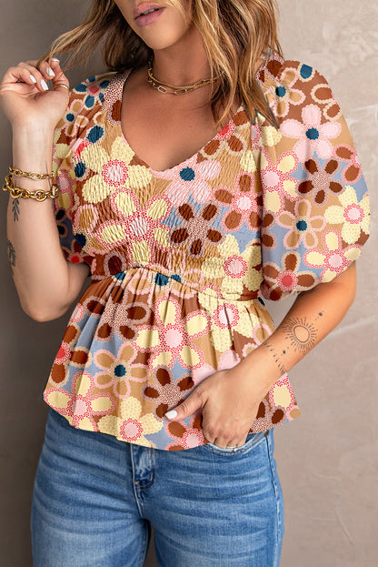 Smocked Printed V-Neck Half Sleeve Blouse [Spirit and Rebel] Multicolor XS 