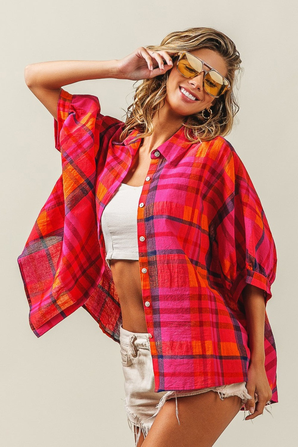 Button Up Dolman Sleeve Plaid Boho Shirt - Spirit and Rebel [Spirit and Rebel]   