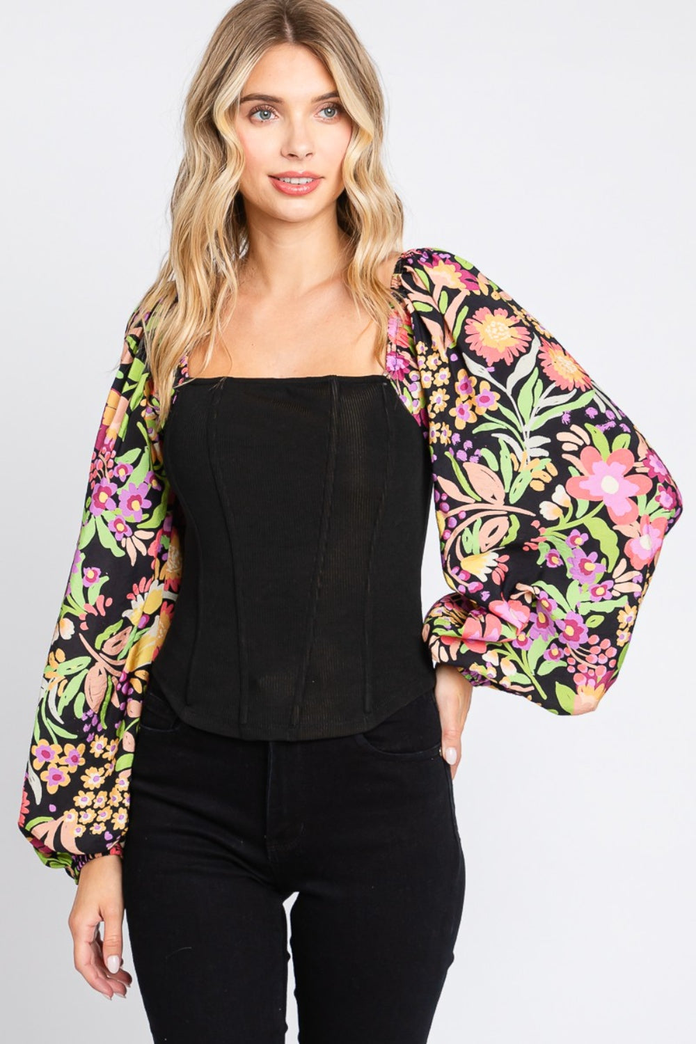 Spirit and Rebel Plus Size Floral Balloon Sleeve Boho Blouse [Spirit and Rebel]   