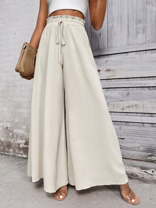 Tied High Waist Wide Leg Boho Pants - Spirit and Rebel [Spirit and Rebel] Beige S 