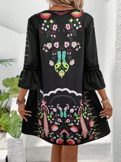 Lace Detail Printed Three-Quarter Sleeve Dress - Spirit and Rebel [Spirit and Rebel]   