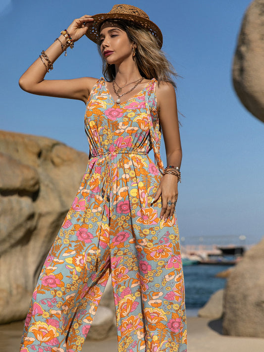 V-Neck Wide Leg Boho Jumpsuit - Spirit and Rebel [Spirit and Rebel] Floral S 