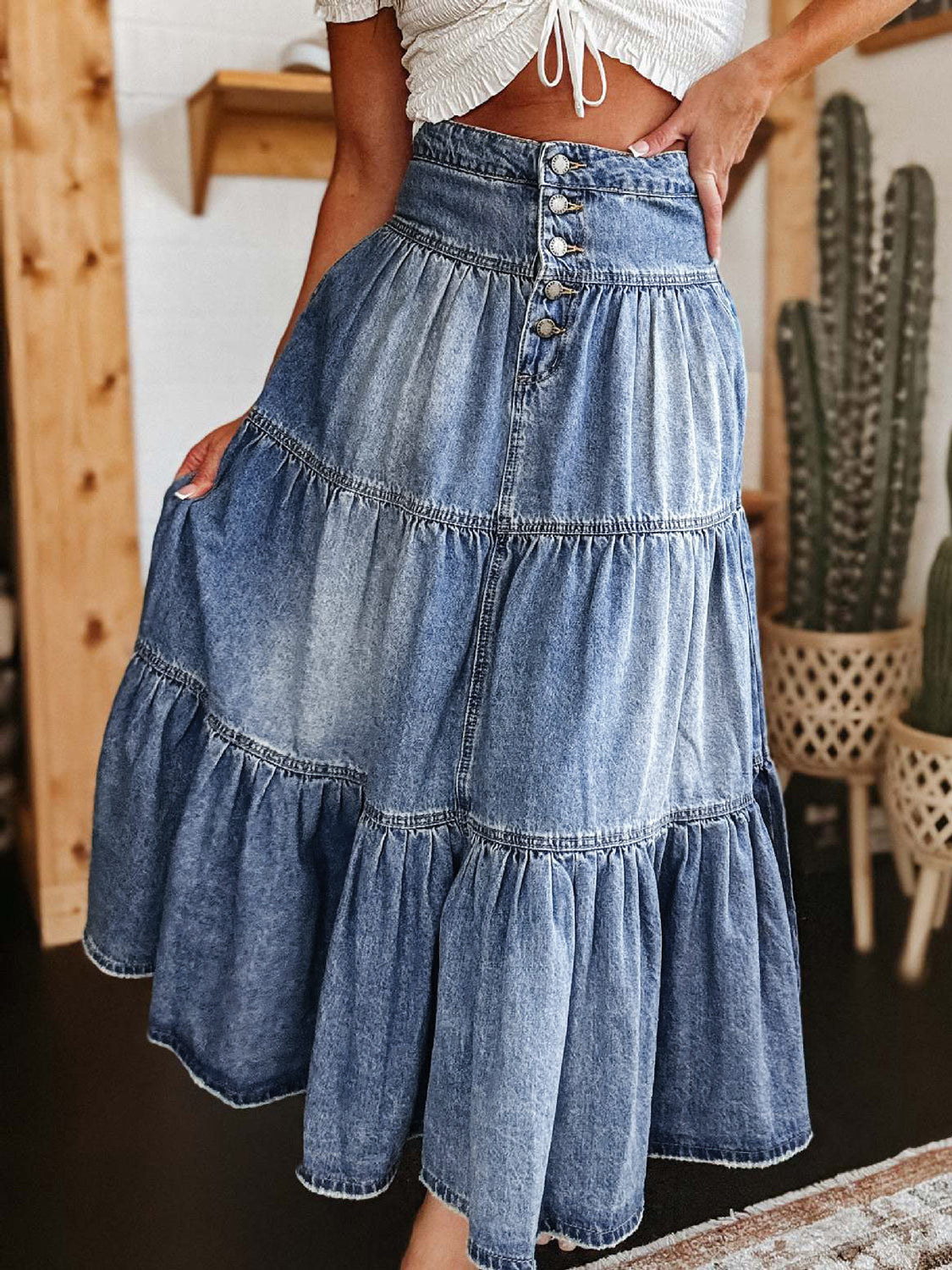 Tiered Button-Fly Denim Skirt [Spirit and Rebel] Medium S