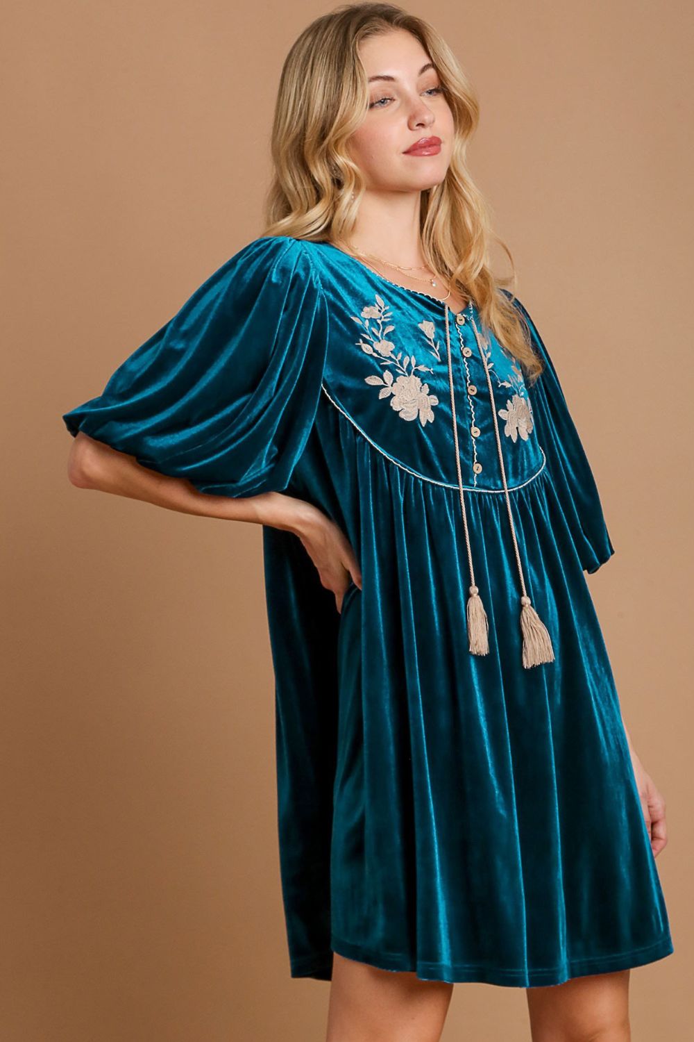 Embroidered Half Sleeve Velvet Mini Dress with Tassel [Spirit and Rebel]