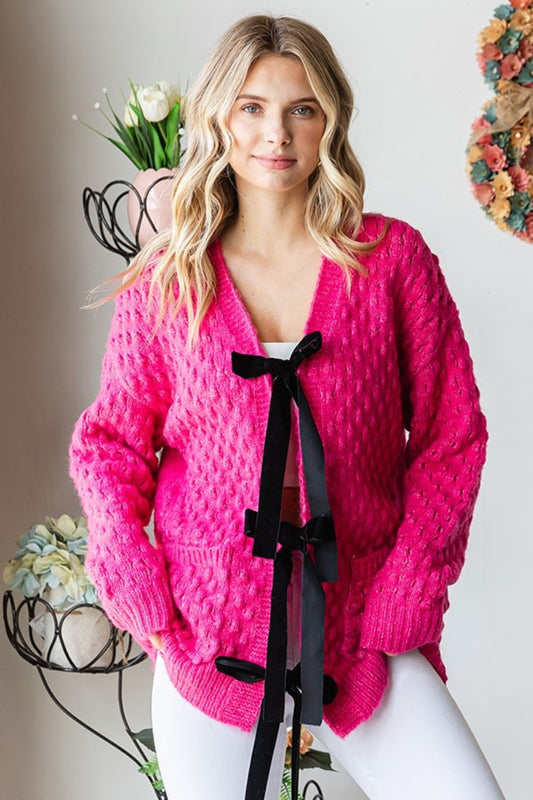 Tie Closure Open Knit Boho Cardigan - Spirit and Rebel [Spirit and Rebel] Deep Rose S 