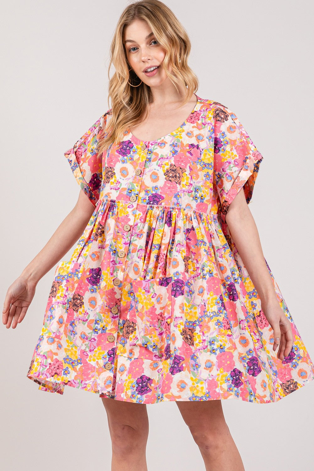 Floral Short Sleeve Babydoll Boho Dress with Pockets - Spirit and Rebel [Spirit and Rebel]   