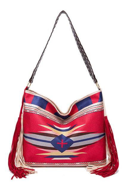 Geometric Canvas Tote Boho Bag - Spirit and Rebel [Spirit and Rebel] Red One Size 