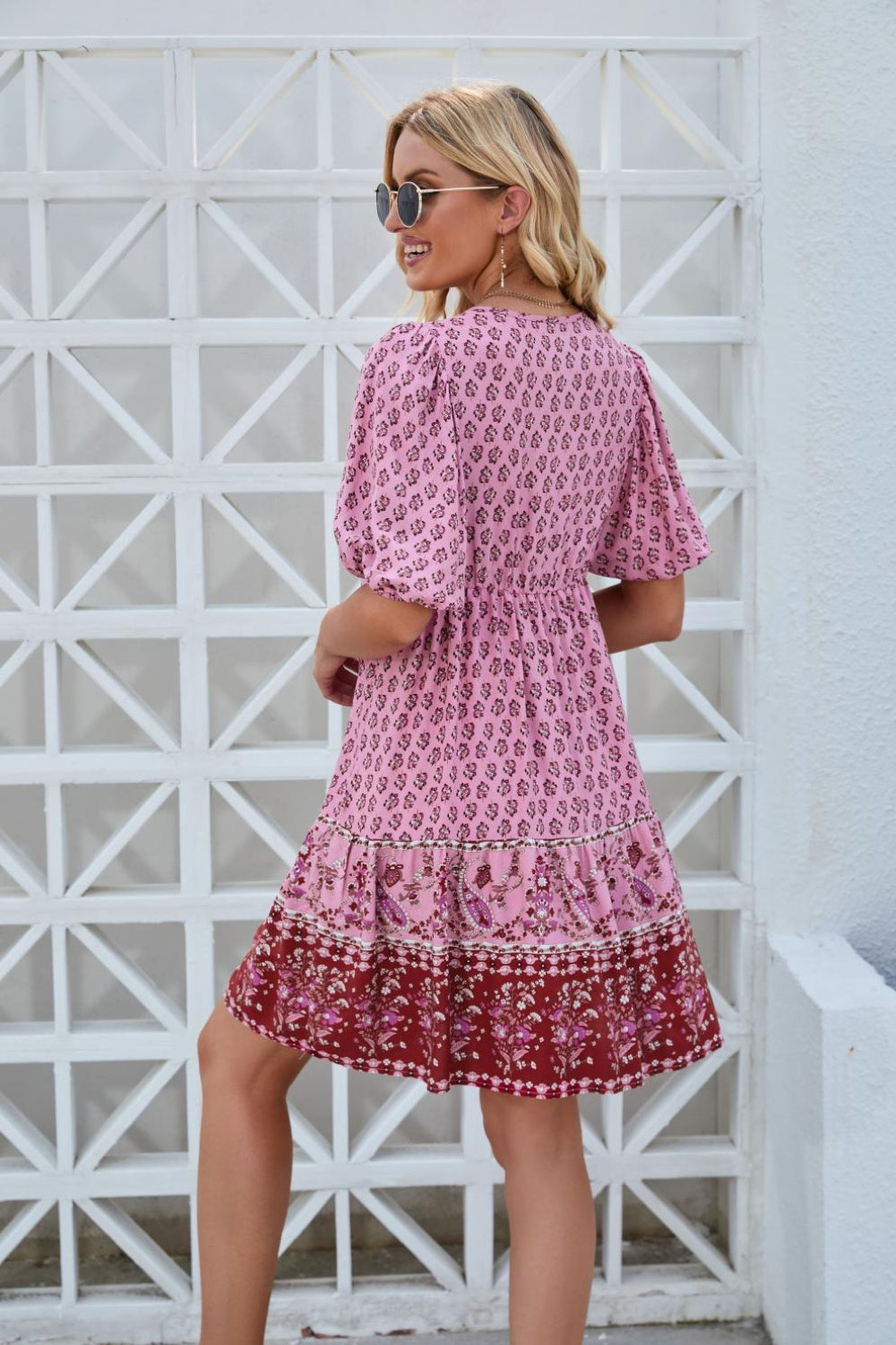 Printed Tie Neck Half Sleeve Boho Dress - Spirit and Rebel [Spirit and Rebel]   