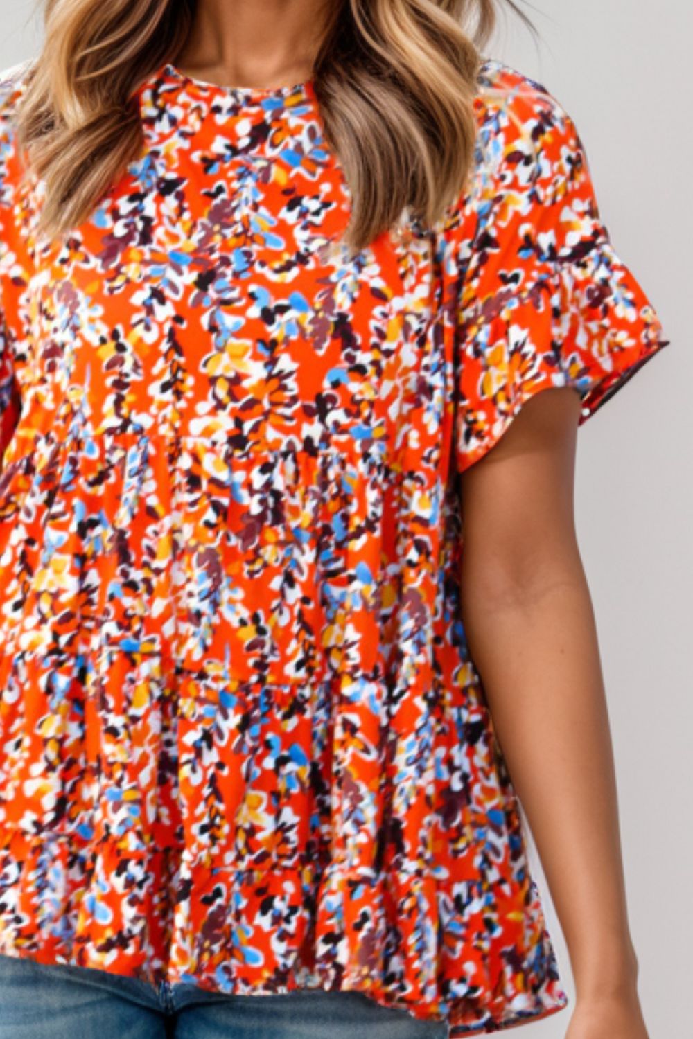 Plus Size Floral Round Neck Tiered Blouse [Spirit and Rebel]   