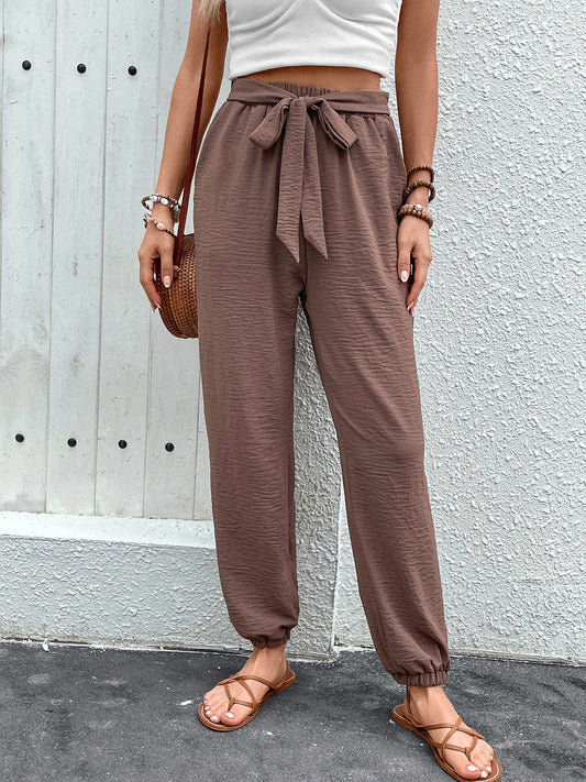 Tied High Waist Boho Pants with Pockets - Spirit and Rebel [Spirit and Rebel] Brown S 