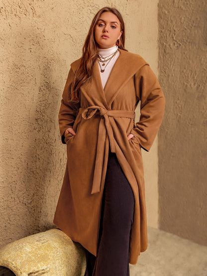 Spirit and Rebel Plus Size Tied Long Sleeve Hooded Coat with Pockets [Spirit and Rebel]   