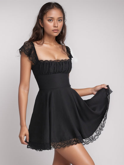 Lace Detail Square Neck Cap Sleeve Mini Dress - Spirit and Rebel [Spirit and Rebel]   