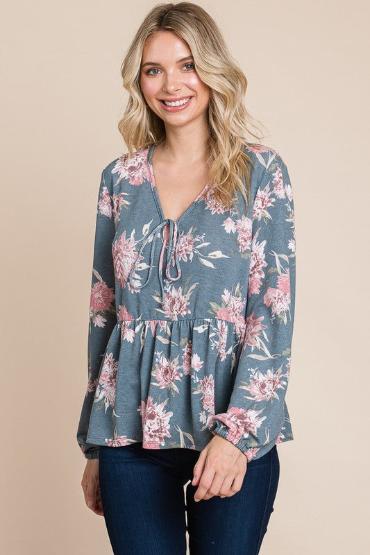 Super Lady Plus Size Babydoll Floral Long Sleeve Boho Blouse [Spirit and Rebel]   