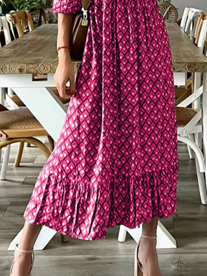 Smocked Printed V-Neck Midi Boho Dress - Spirit and Rebel [Spirit and Rebel]   