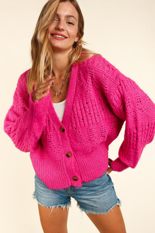 Plus Size Button Down Crop Long Sleeve Boho Cardigan - Spirit and Rebel [Spirit and Rebel] Fuchsia S 