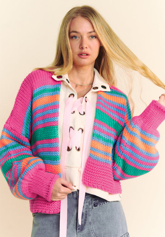 Spirit and Rebel Contrast Striped Open Front Long Sleeve Boho Cardigan [Spirit and Rebel]   