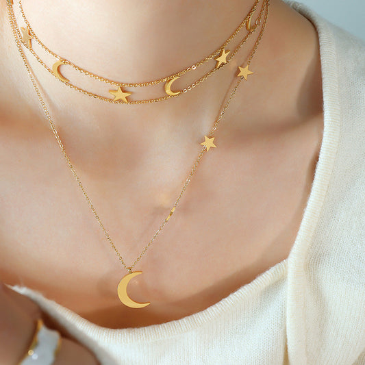 Star & Moon Titanium Steel Layered Boho Necklace - Spirit and Rebel [Spirit and Rebel] Gold One Size 