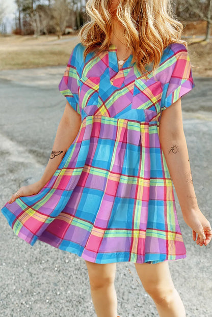 Plaid Notched Short Sleeve Mini Boho Dress - Spirit and Rebel [Spirit and Rebel] Plaid S 