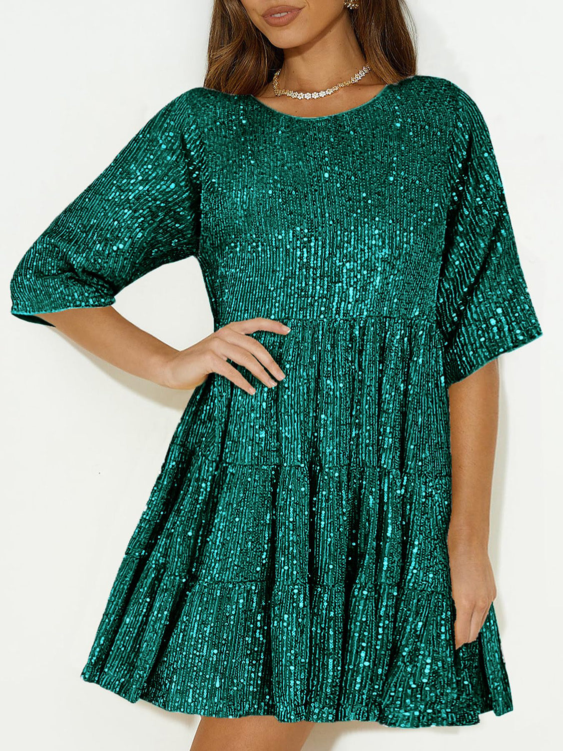 Plus Size Sequin Round Neck Half Sleeve Mini Boho Dress - Spirit and Rebel [Spirit and Rebel]   