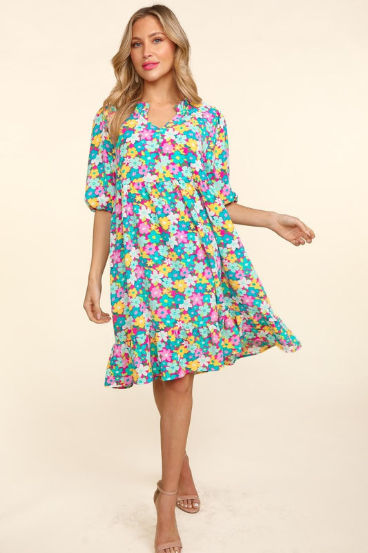 Bubble Sleeve Floral Ruffled Boho Dress - Spirit and Rebel [Spirit and Rebel] Mint/Fuchsia S 