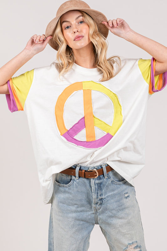 Color Block Peace Applique T-Boho Shirt - Spirit and Rebel [Spirit and Rebel] Multi S 