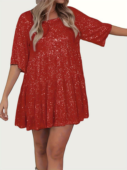 Plus Size Sequin Round Neck Half Sleeve Mini Boho Dress - Spirit and Rebel [Spirit and Rebel] Deep Red S 