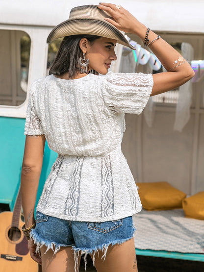 Lace V-Neck Short Sleeve Boho Top - Spirit and Rebel [Spirit and Rebel]   