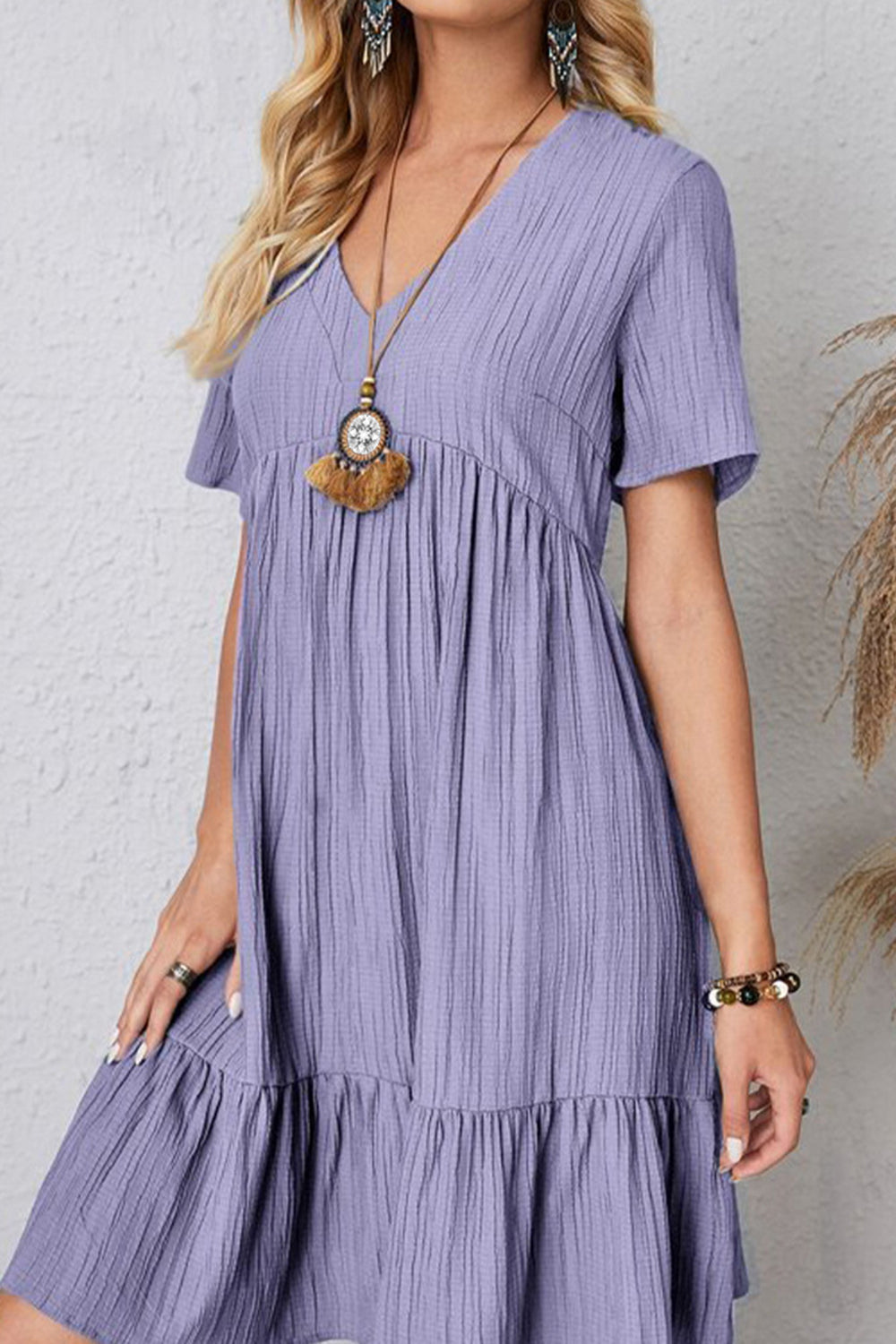 Boho Chic  Plus Size Ruched V-Neck Short Sleeve Dress [Spirit and Rebel]   