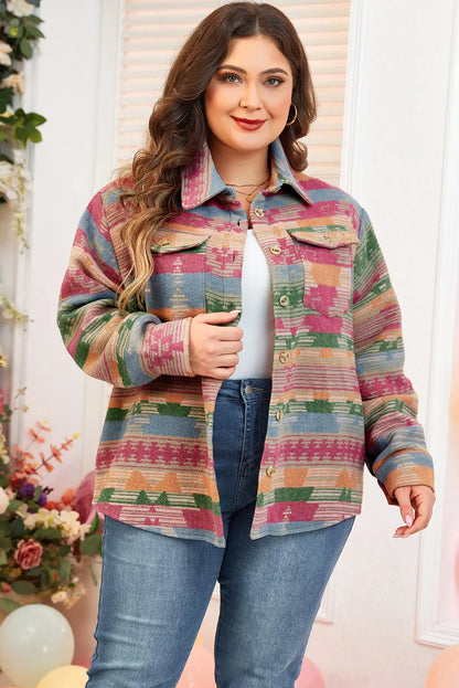 Spirit and Rebel Plus Size Pocketed Printed Collared Neck Boho Jacket [Spirit and Rebel]   