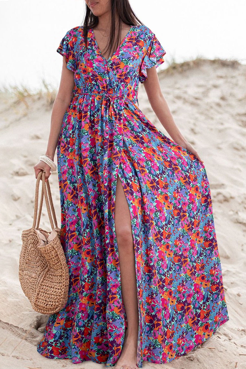 Slit Printed Cap Sleeve Maxi Boho Dress - Spirit and Rebel [Spirit and Rebel] Floral S 