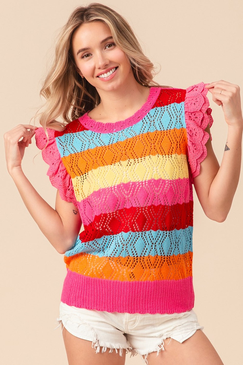 Pointelle Striped Ruffled Knit Boho Top - Spirit and Rebel [Spirit and Rebel] Fuchsia Combo S 