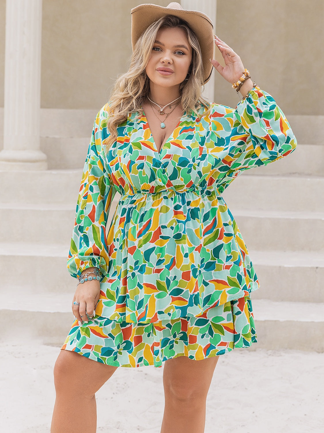 Plus Size Printed Surplice Long Sleeve Mini Dress - Spirit and Rebel [Spirit and Rebel]   