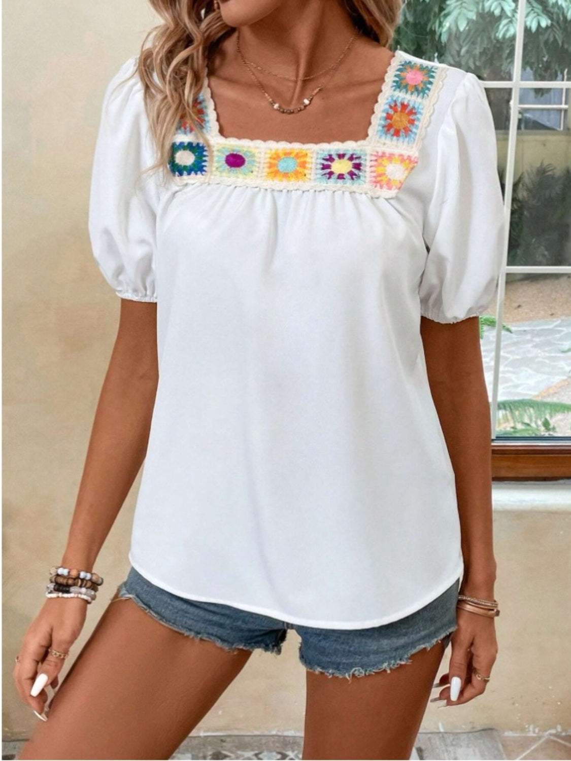 Crochet Square Neck Short Sleeve Boho Blouse - Spirit and Rebel [Spirit and Rebel] White S 