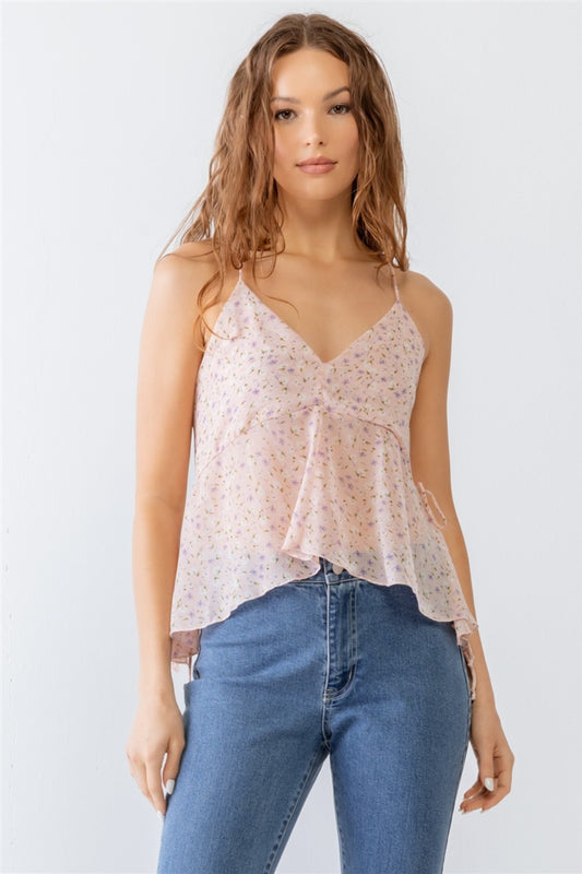 Miss Love / Kevin Co. Floral Print V-Neck Criss-Cross Back Flare Boho Cami - Spirit and Rebel [Spirit and Rebel] Pink S 