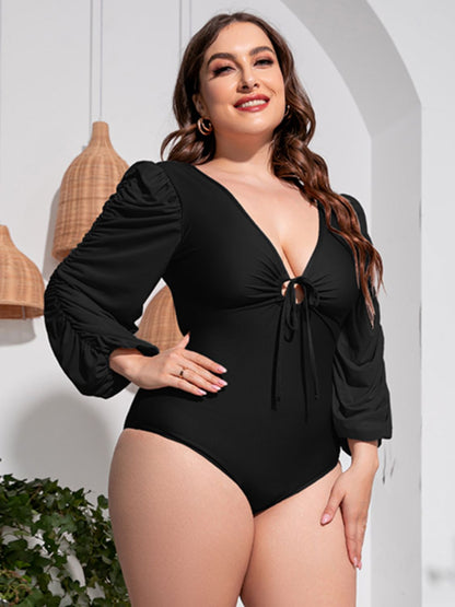 Plus Size Tied Deep V Balloon Sleeve One-Piece Swimsuit [Spirit and Rebel] Black 2XL