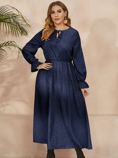 Plus Size Ruffled Polka Dot Long Sleeve Midi Dress - Spirit and Rebel [Spirit and Rebel]   