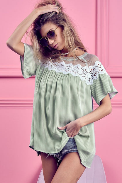 Lace Detail Short Sleeve Striped Boho Blouse - Spirit and Rebel [Spirit and Rebel]   